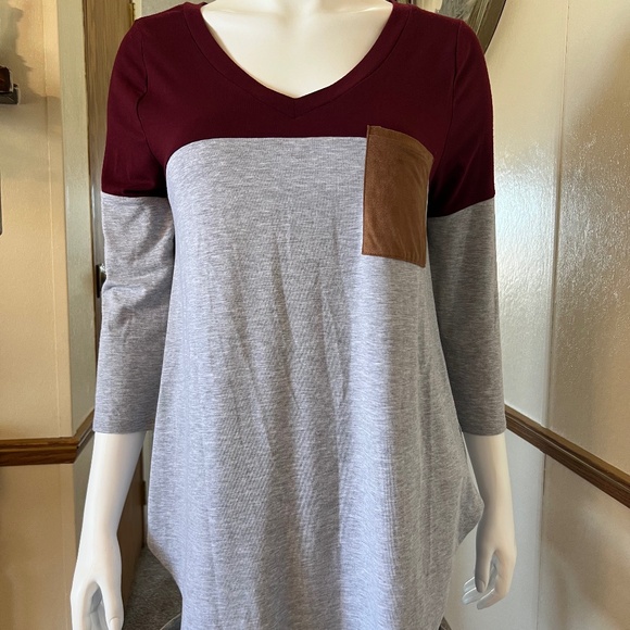Zenana Premium Round Neck Color Block T Shirt Top with Suede Elbow Patches - Picture 1 of 5